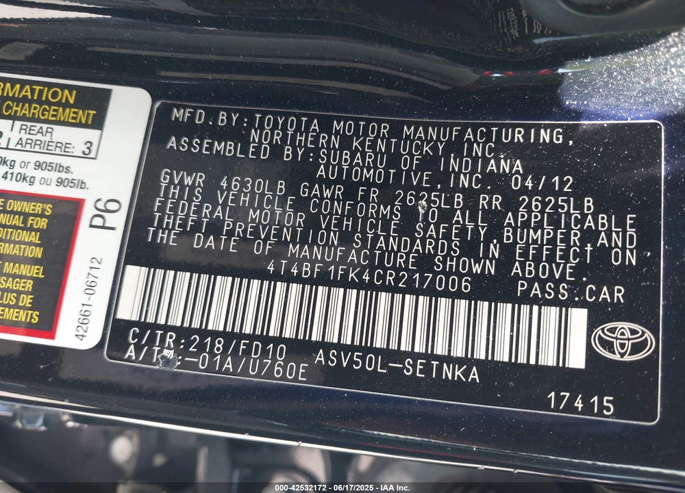 2012 TOYOTA CAMRY LE VIN: 4T4BF1FK4CR217006