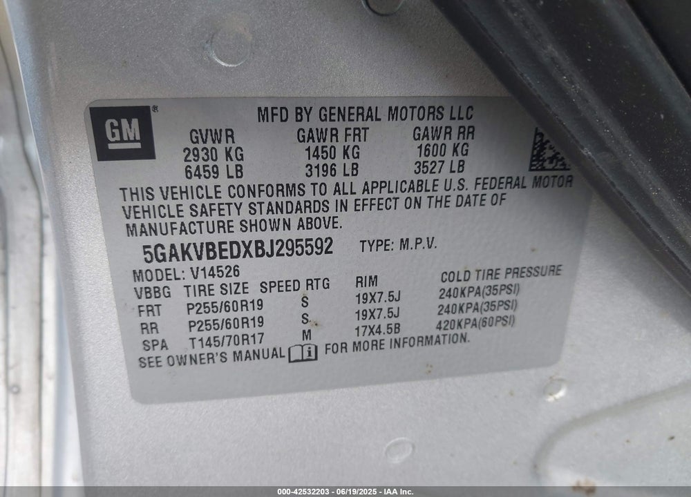 2011 BUICK ENCLAVE VIN: 5GAKVBEDXBJ295592