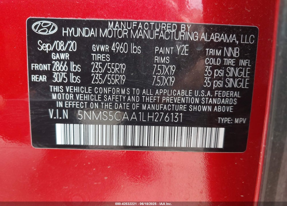 2020 HYUNDAI SANTA FE VIN: 5NMS5CAA1LH276131