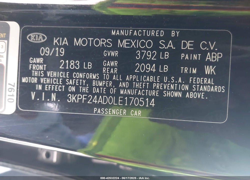 2020 KIA FORTE VIN: 3KPF24AD0LE170514