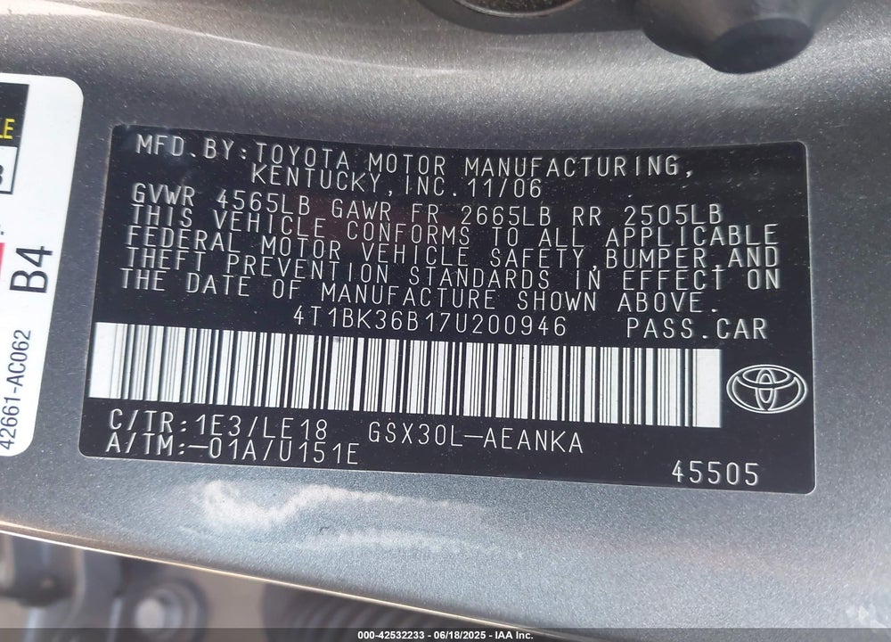 2007 TOYOTA AVALON TOURING VIN: 4T1BK36B17U200946