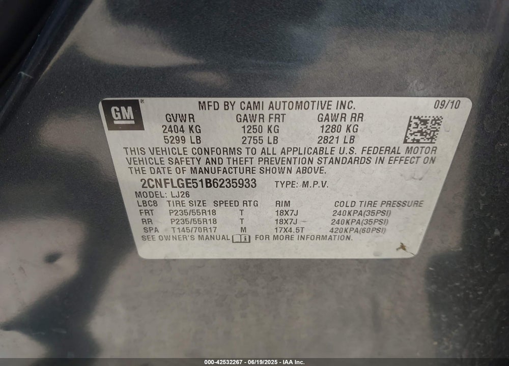 2011 CHEVROLET EQUINOX VIN: 2CNFLGE51B6235933