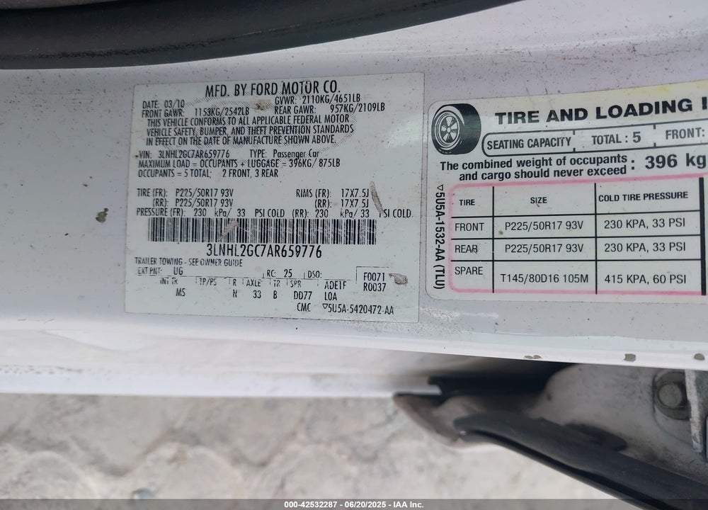 2010 LINCOLN MKZ VIN: 3LNHL2GC7AR659776