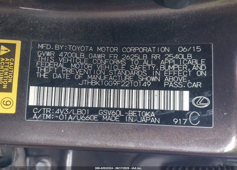 2015 LEXUS ES350 VIN: JTHBK1GG9F2210149