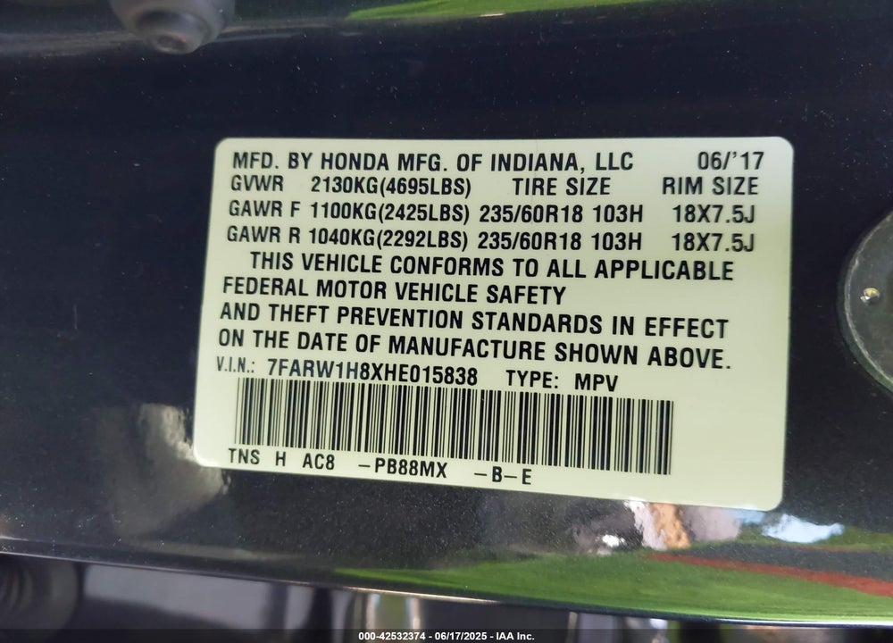 2017 HONDA CR-V VIN: 7FARW1H8XHE015838