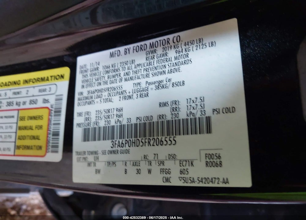 2015 FORD FUSION VIN: 3FA6P0HD5FR206555