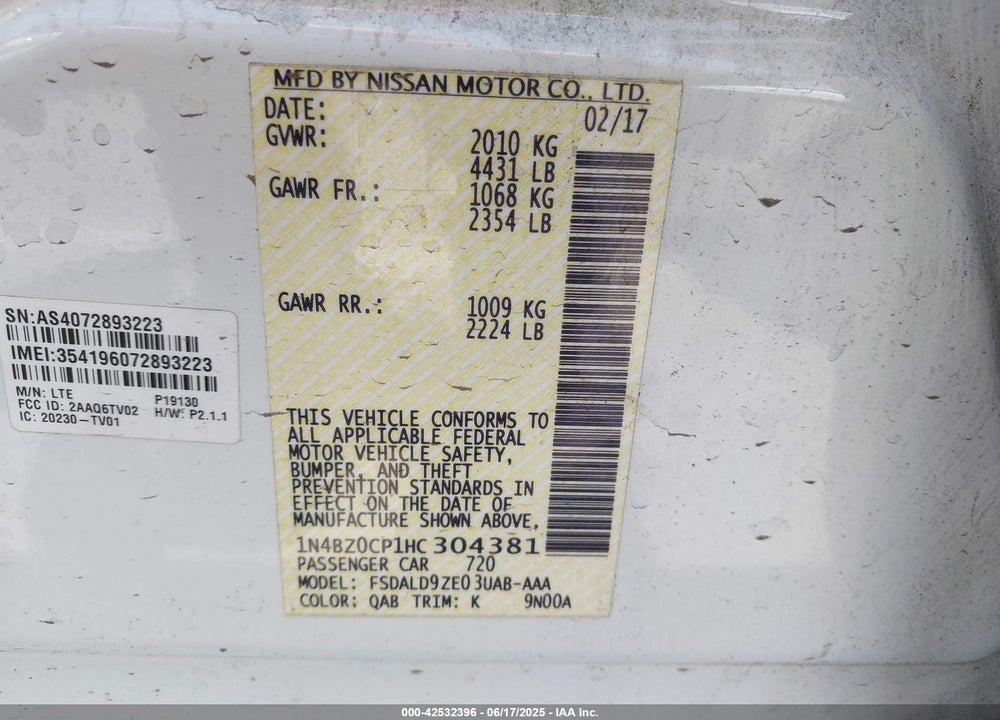 2017 NISSAN LEAF VIN: 1N4BZ0CP1HC304381