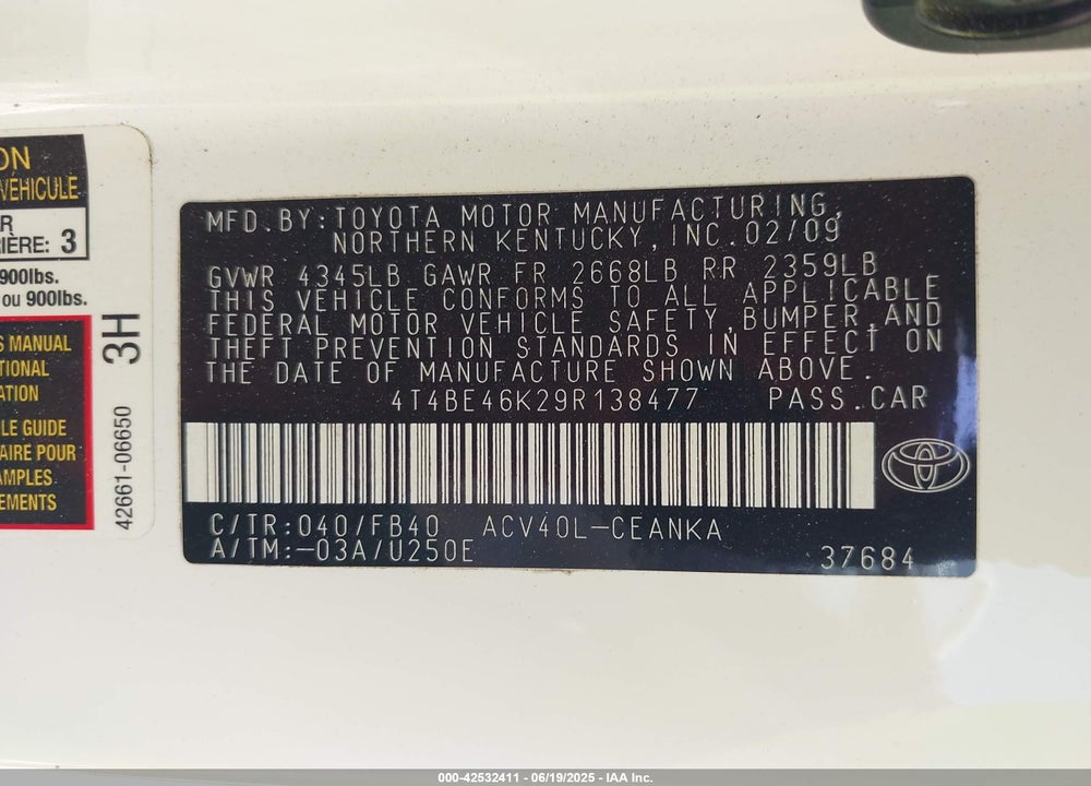 2009 TOYOTA CAMRY VIN: 4T4BE46K29R138477