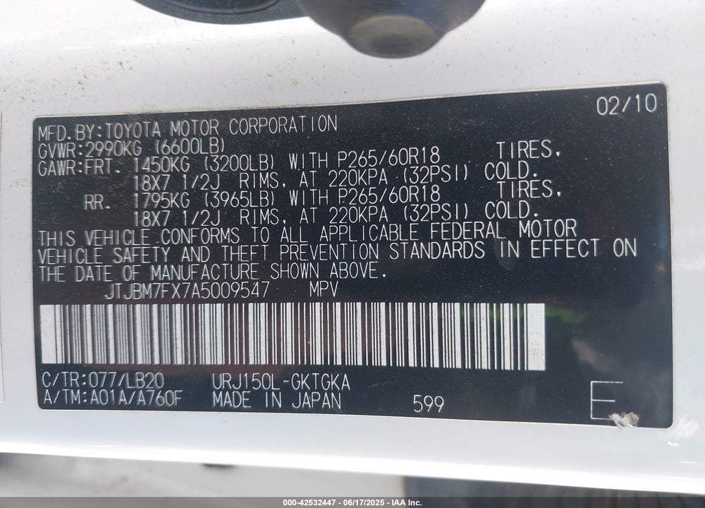 2010 LEXUS GX 460 VIN: JTJBM7FX7A5009547