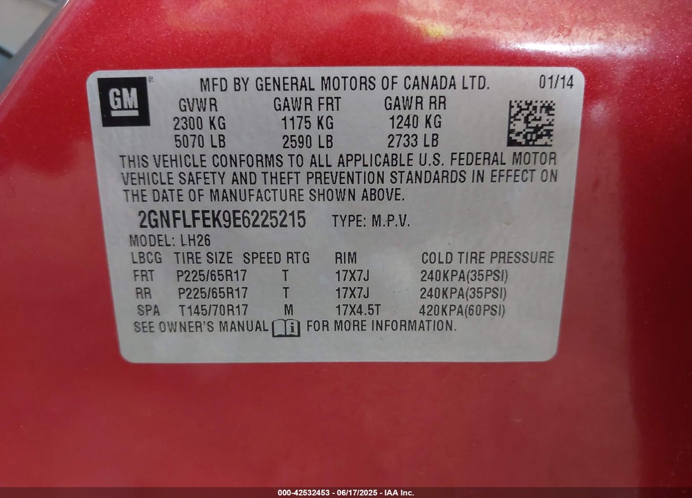 2014 CHEVROLET EQUINOX VIN: 2GNFLFEK9E6225215