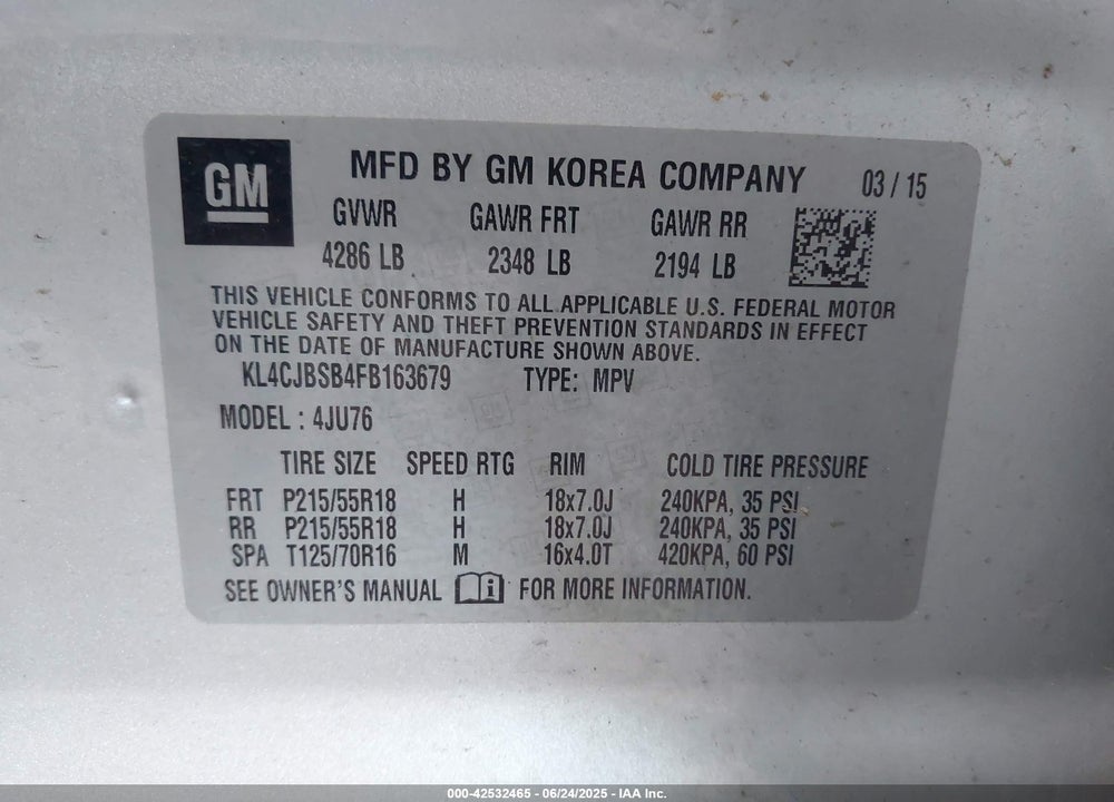 2015 BUICK ENCORE VIN: KL4CJBSB4FB163679