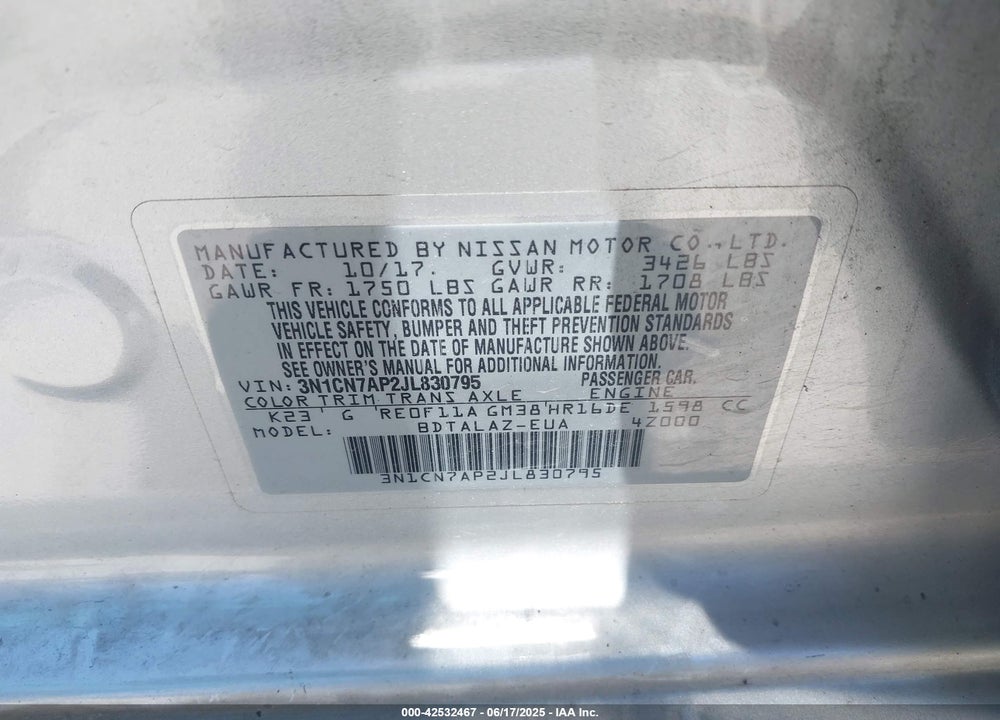 2018 NISSAN VERSA VIN: 3N1CN7AP2JL830795