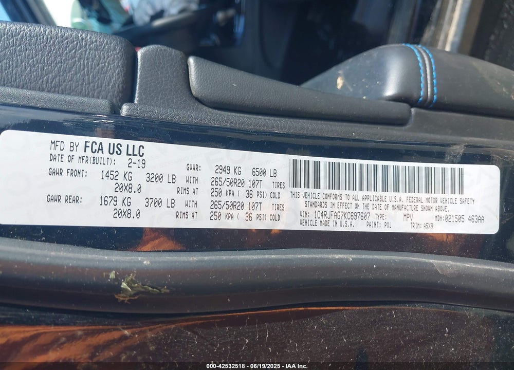 2019 JEEP GRAND CHEROKEE VIN: 1C4RJFAG7KC697607