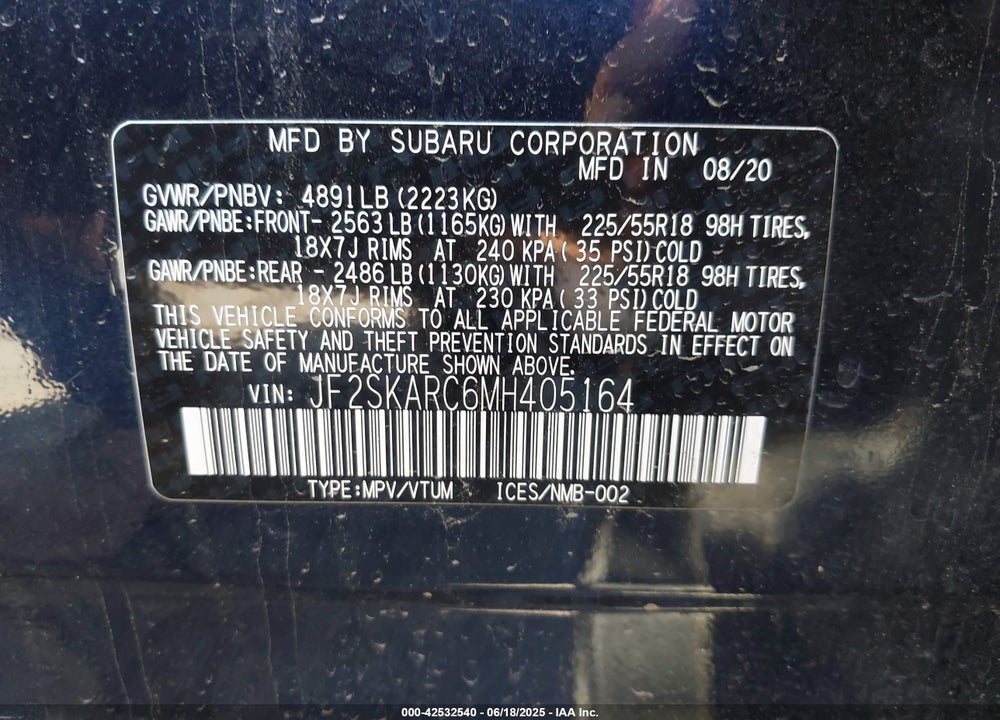 2021 SUBARU FORESTER SPORT VIN: JF2SKARC6MH405164