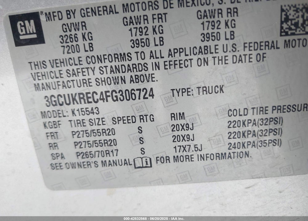 2015 CHEVROLET SILVERADO 1500 VIN: 3GCUKREC4FG306724