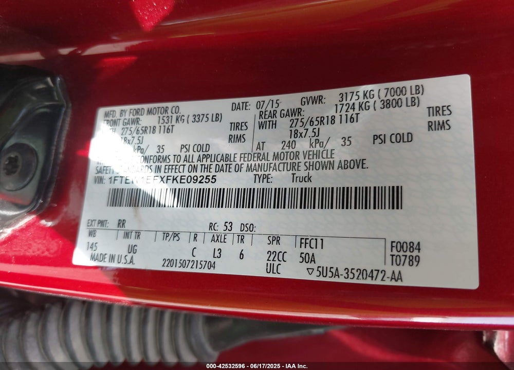 2015 FORD F-150 VIN: 1FTEW1EFXFKE09255