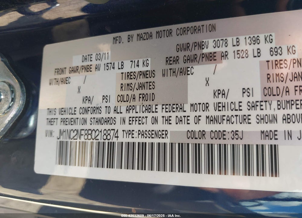 2011 MAZDA MX-5 MIATA VIN: JM1NC2NF8B0218874
