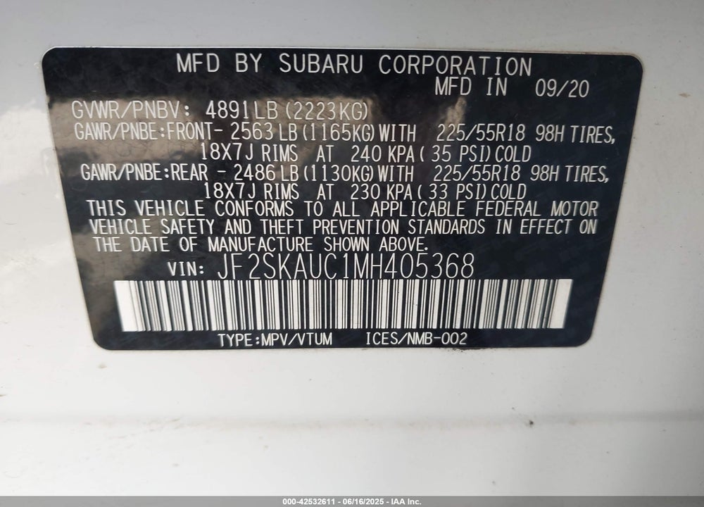 2021 SUBARU FORESTER VIN: JF2SKAUC1MH405368