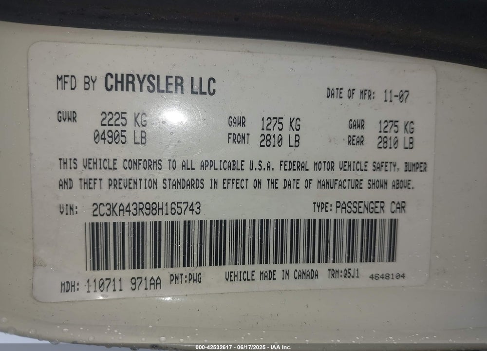 2008 CHRYSLER 300 VIN: 2C3KA43R98H165743