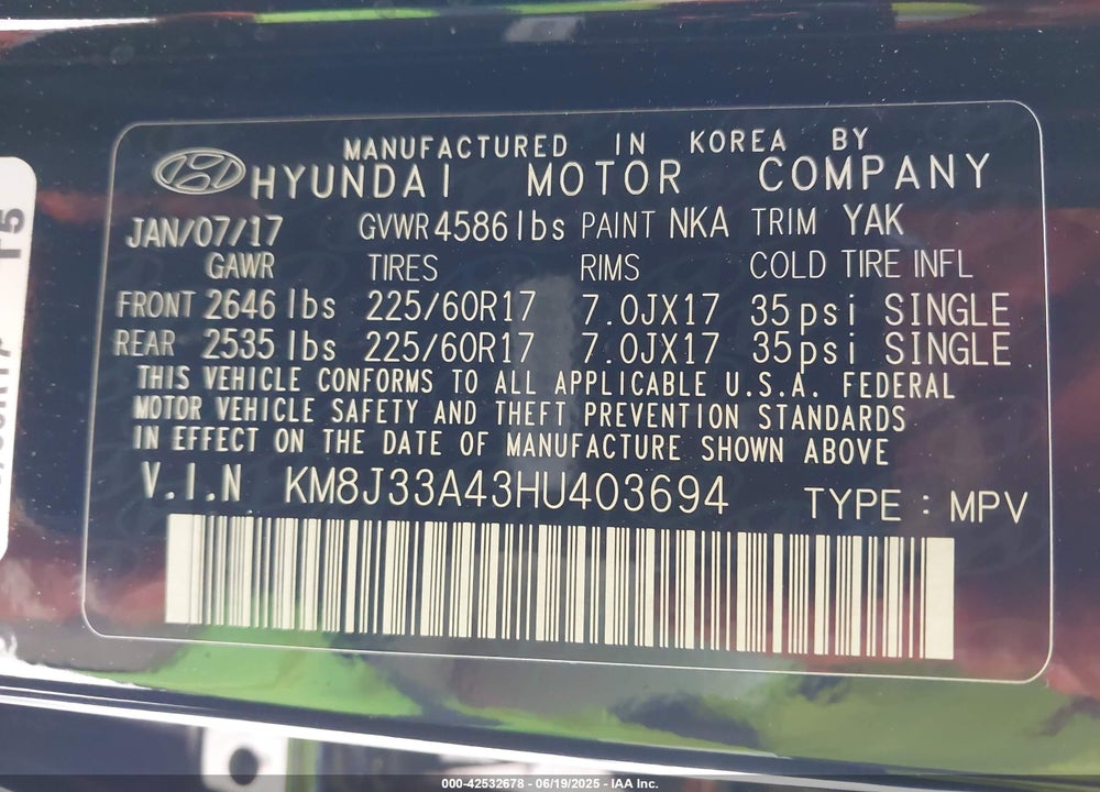 2017 HYUNDAI TUCSON SE PLUS VIN: KM8J33A43HU403694