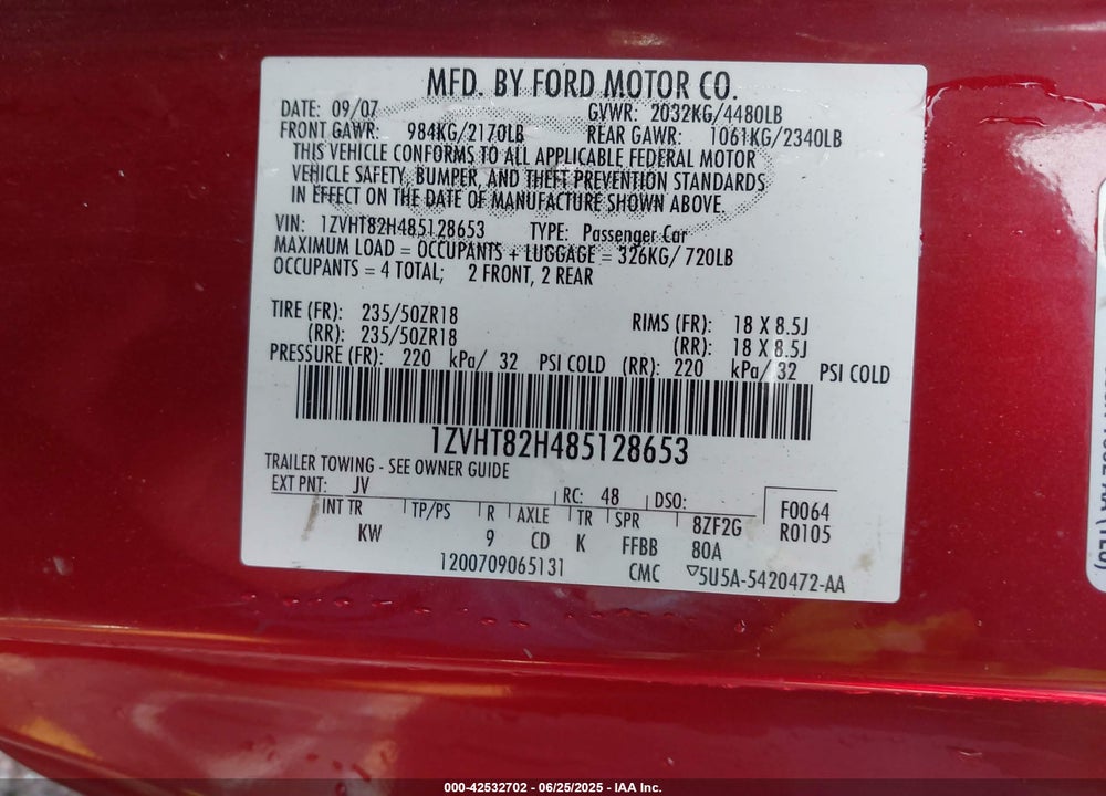 2008 FORD MUSTANG VIN: 1ZVHT82H485128653