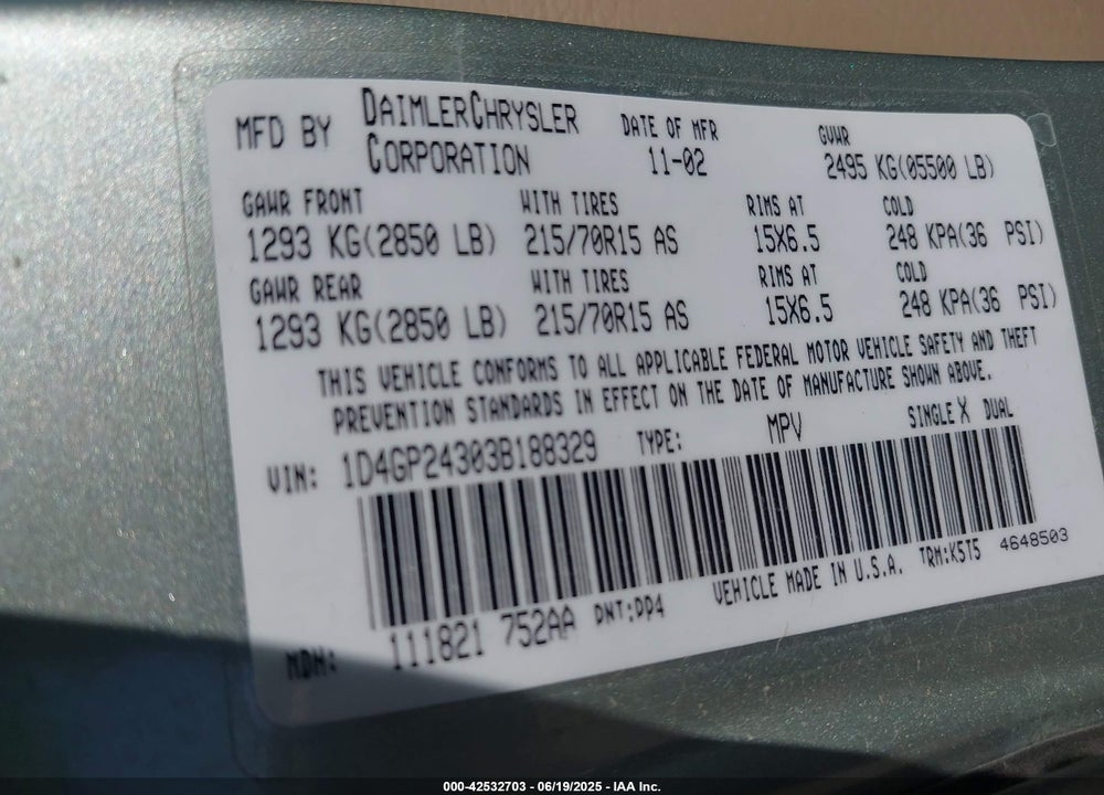 2003 DODGE GRAND CARAVAN SE VIN: 1D4GP24303B188329
