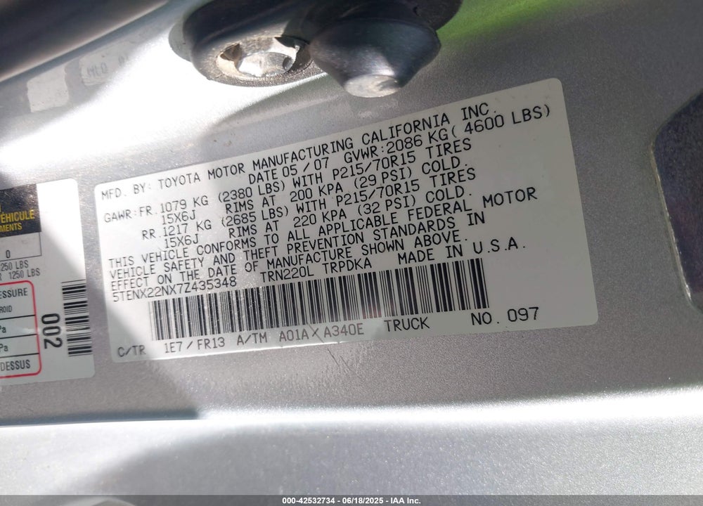 2007 TOYOTA TACOMA VIN: 5TENX22NX7Z435348