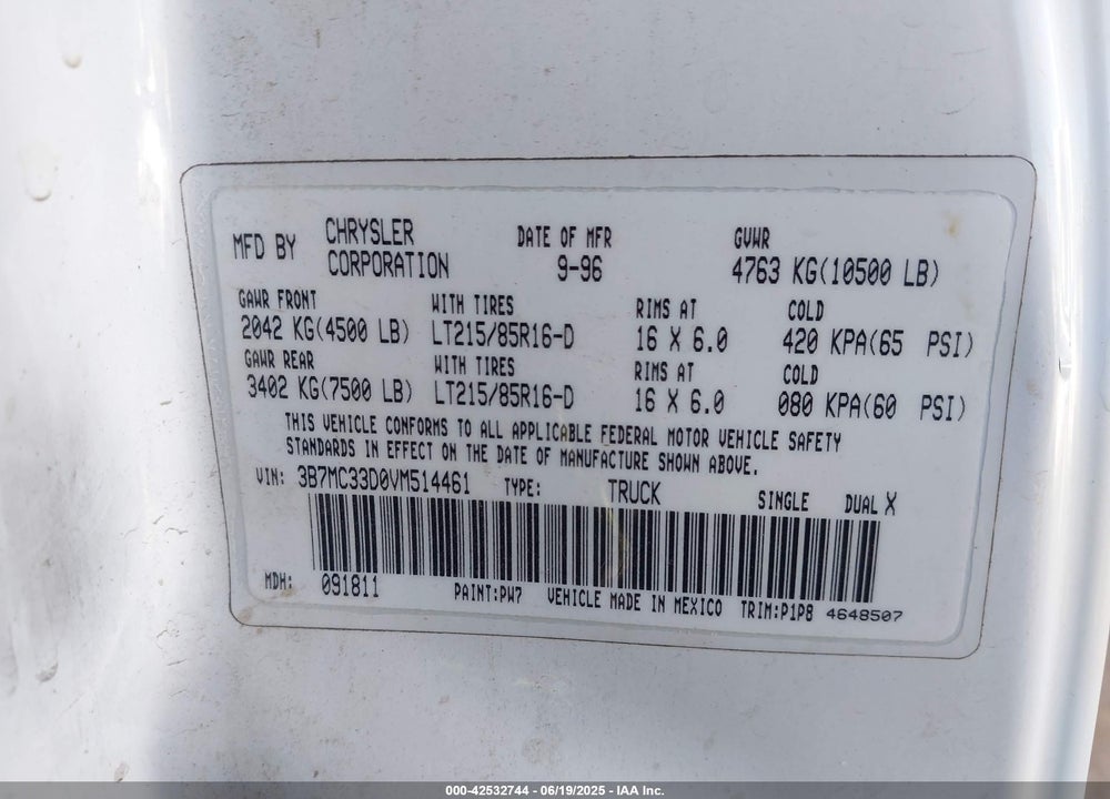 1997 DODGE RAM 3500 ST VIN: 3B7MC33D0VM514461