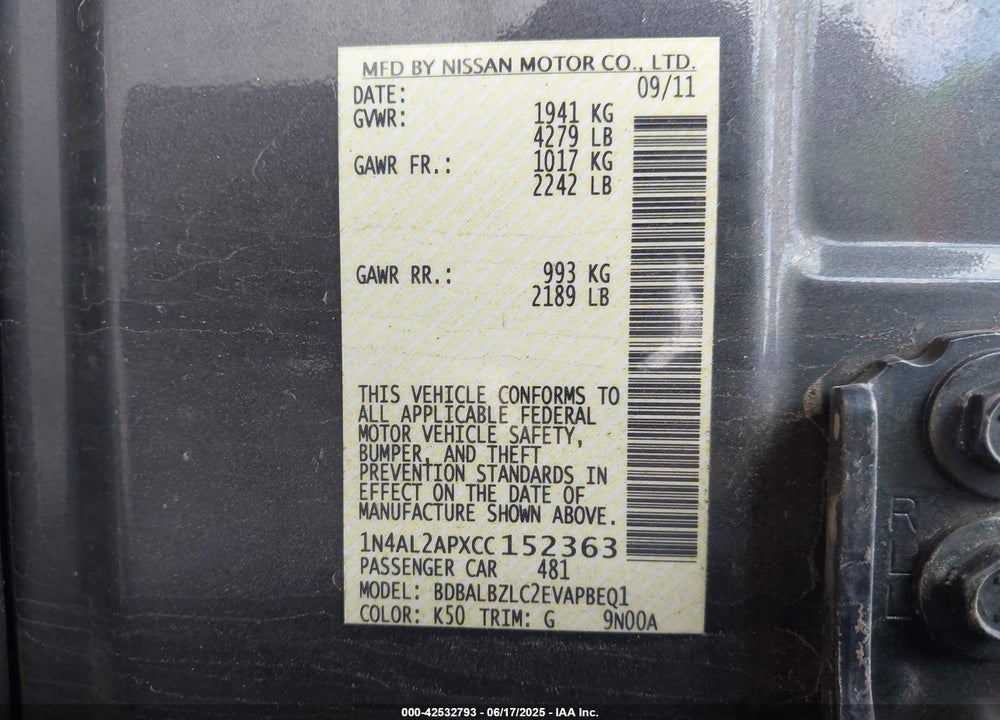 2012 NISSAN ALTIMA 2.5 S VIN: 1N4AL2APXCC152363