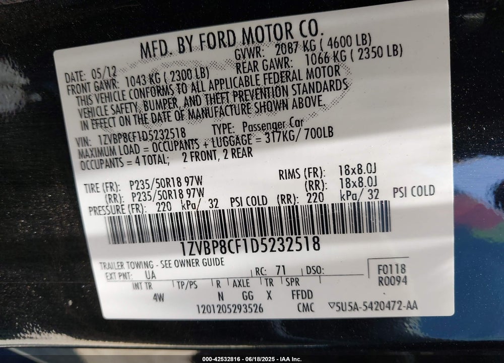 2013 FORD MUSTANG VIN: 1ZVBP8CF1D5232518
