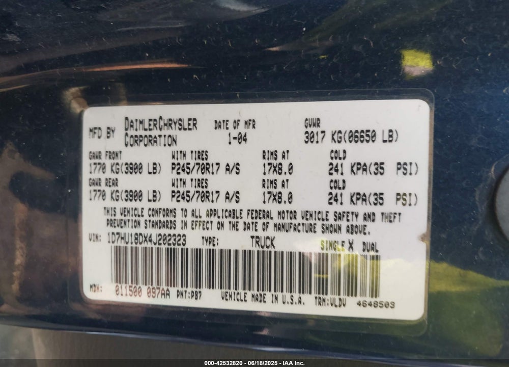 2004 DODGE RAM 1500 SLT/LARAMIE VIN: 1D7HU18DX4J202323