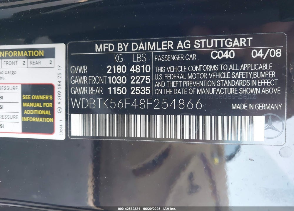 2008 MERCEDES-BENZ CLK 350 VIN: WDBTK56F48F254866