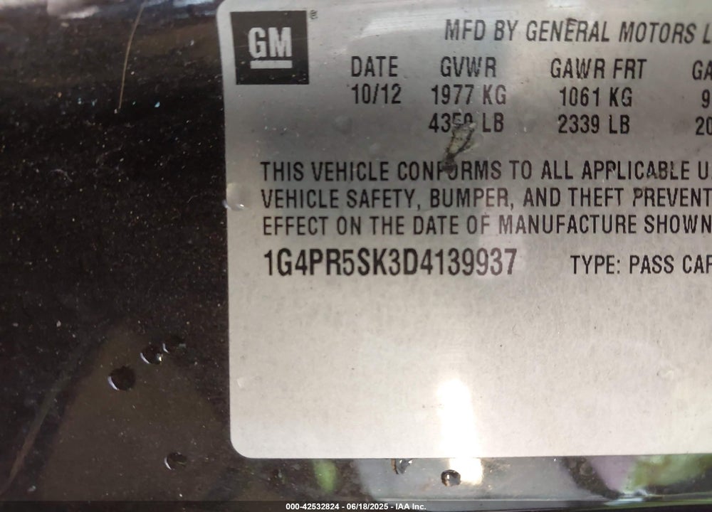 2013 BUICK VERANO VIN: 1G4PR5SK3D4139937