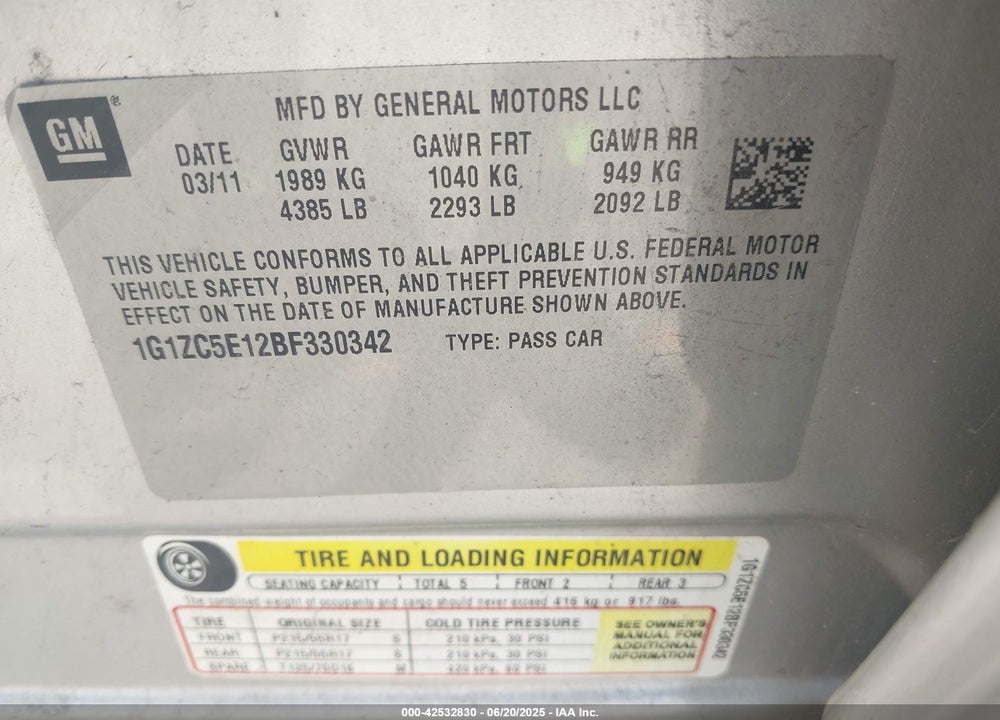2011 CHEVROLET MALIBU 1LT VIN: 1G1ZC5E12BF330342
