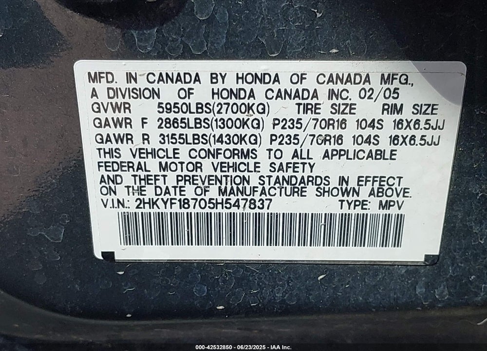 2005 HONDA PILOT EX-L VIN: 2HKYF18705H547837