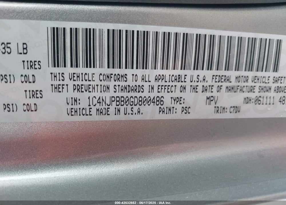 2016 JEEP PATRIOT VIN: 1C4NJPBB0GD800486