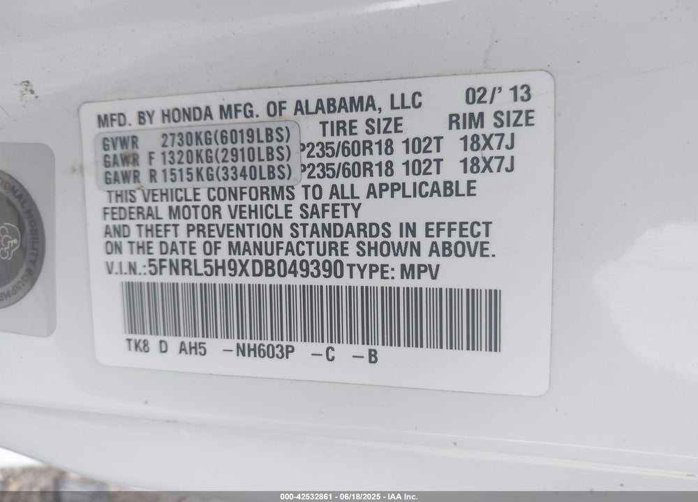 2013 HONDA ODYSSEY TOURING/TOURING ELITE VIN: 5FNRL5H9XDB049390
