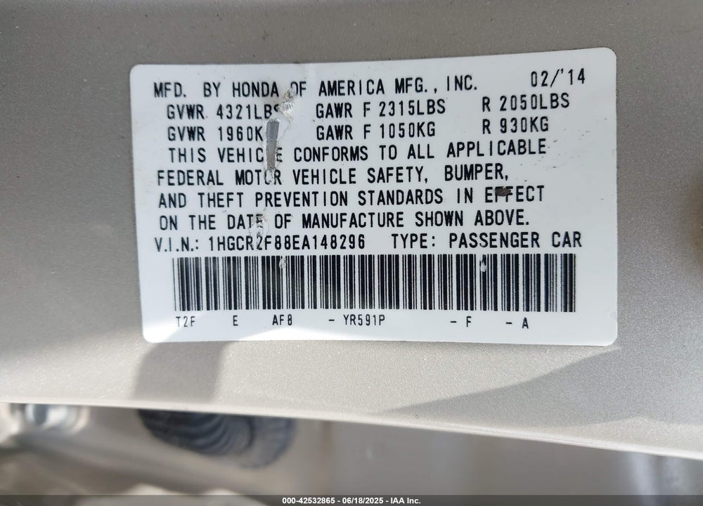 2014 HONDA ACCORD VIN: 1HGCR2F88EA148296