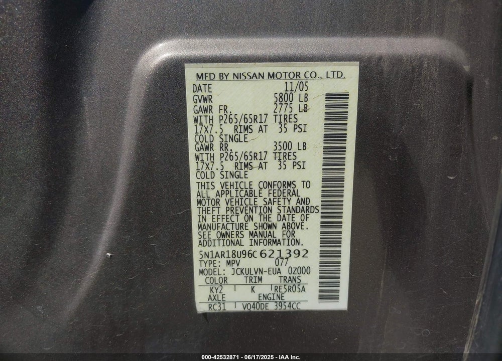 2006 NISSAN PATHFINDER VIN: 5N1AR18U96C621392