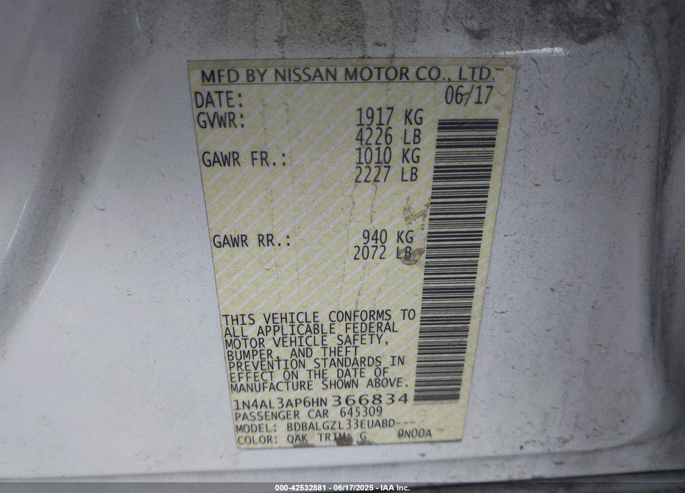 2017 NISSAN ALTIMA 2.5 S VIN: 1N4AL3AP6HN366834