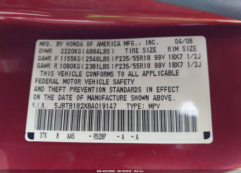 2008 ACURA RDX VIN: 5J8TB182X8A019147