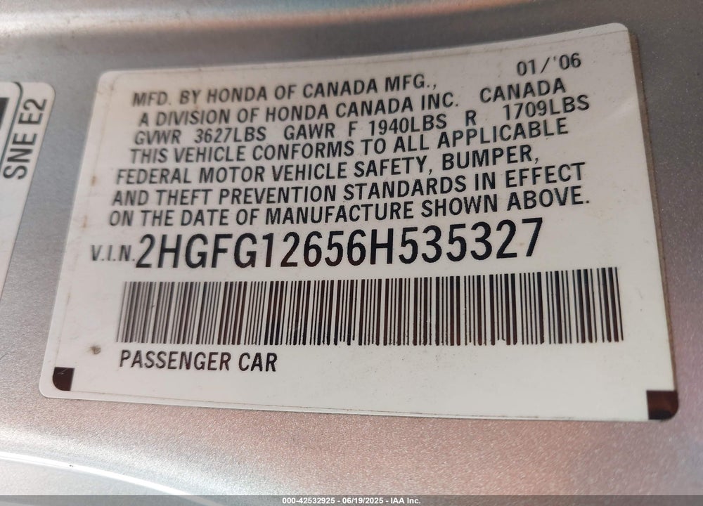 2006 HONDA CIVIC VIN: 2HGFG12656H535327