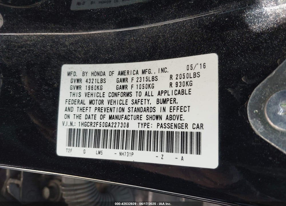 2016 HONDA ACCORD SPORT VIN: 1HGCR2F50GA227308
