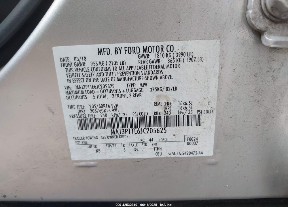 2018 FORD ECOSPORT VIN: MAJ3P1TE6JC205625