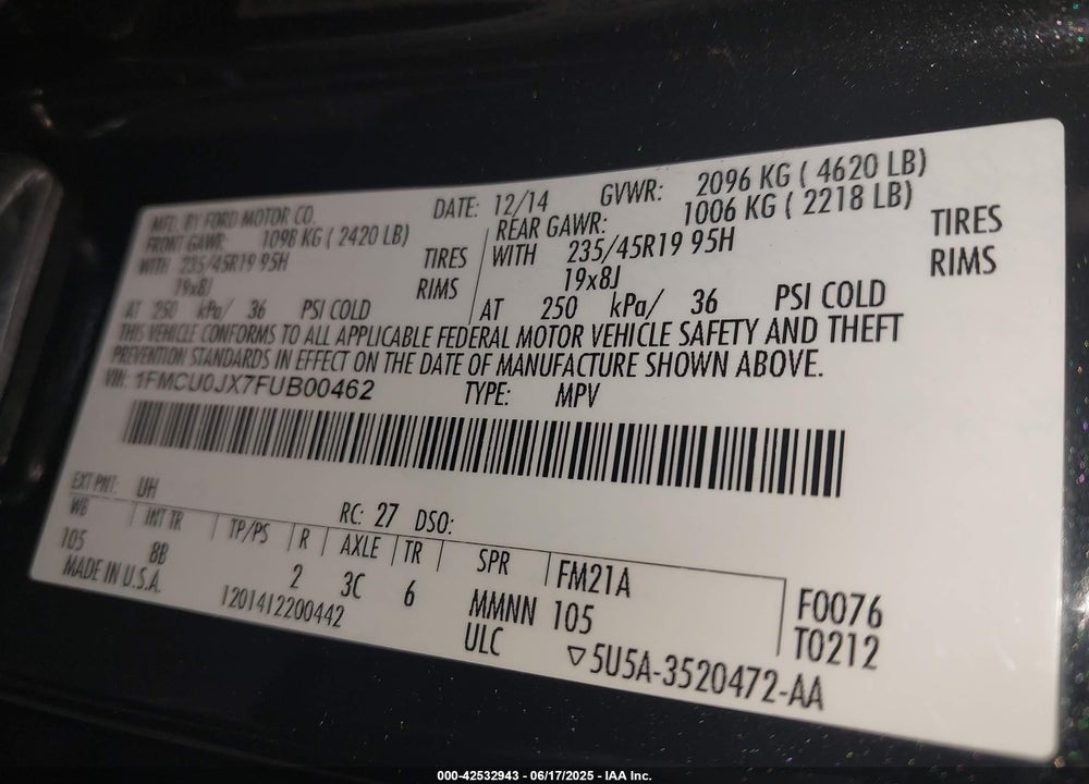 2015 FORD ESCAPE TITANIUM VIN: 1FMCU0JX7FUB00462