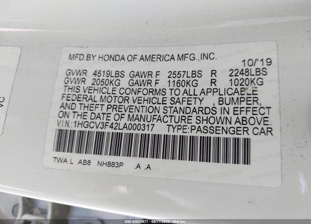 2020 HONDA ACCORD VIN: 1HGCV3F42LA000317