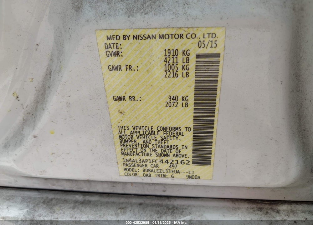 2015 NISSAN ALTIMA VIN: 1N4AL3AP1FC442162