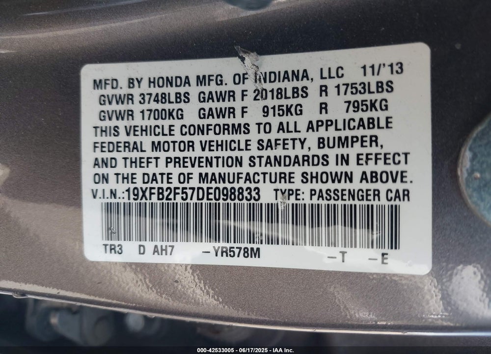 2013 HONDA CIVIC VIN: 19XFB2F57DE098833