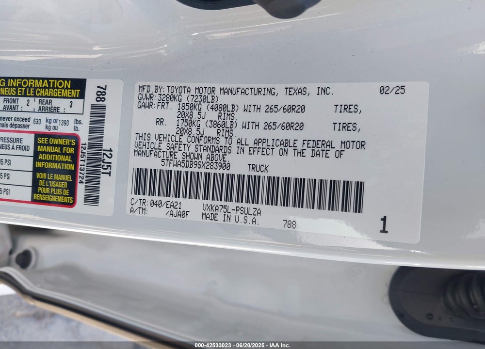 2025 TOYOTA TUNDRA VIN: 5TFWA5DB9SX283900