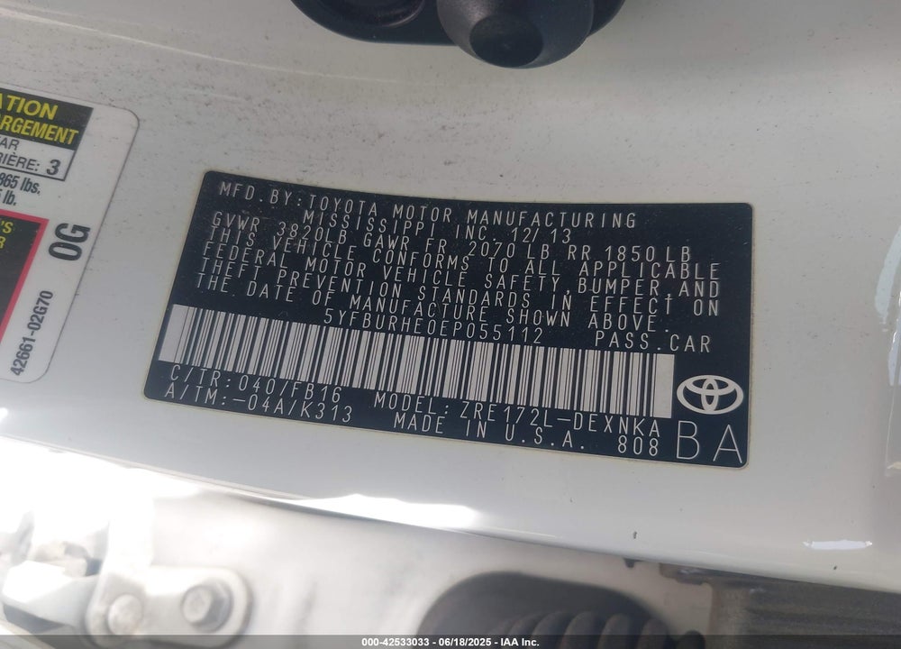 2014 TOYOTA COROLLA VIN: 5YFBURHE0EP055112